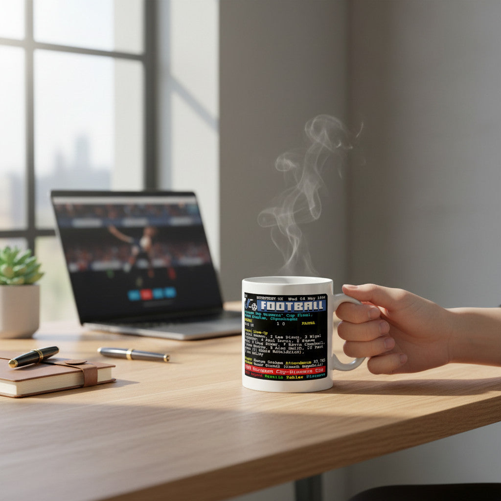 Retrotext Arsenal 1994 ECWC Winners mug featuring teletext-style match details held on a desk with a laptop background.