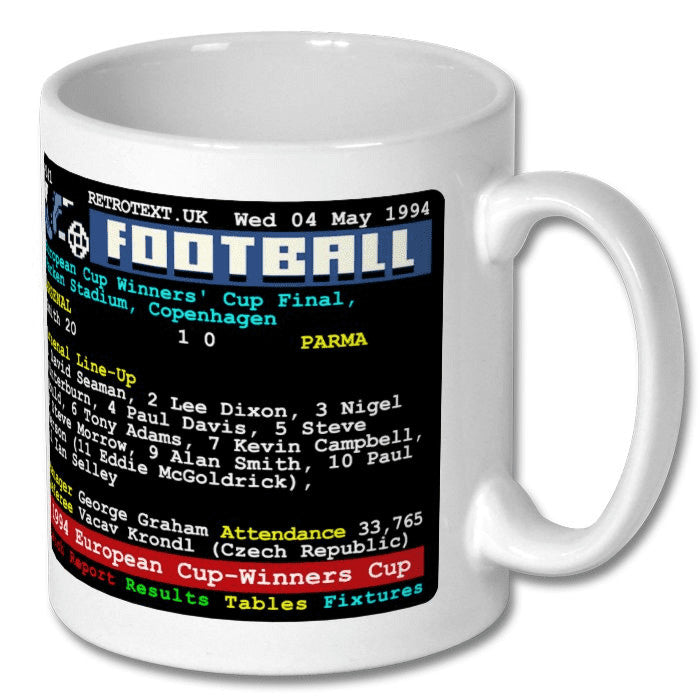 Retrotext Arsenal 1994 European Cup Winners' Cup ceramic mug featuring a nostalgic teletext-style match report design.