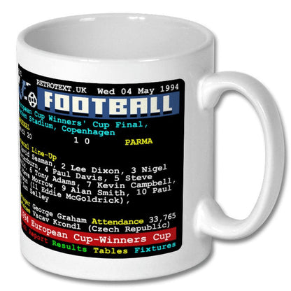 Retrotext Arsenal 1994 European Cup Winners' Cup ceramic mug featuring a nostalgic teletext-style match report design.