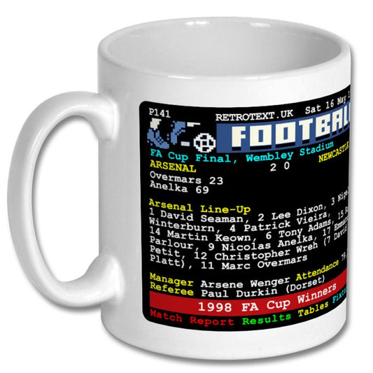 Retrotext Arsenal 1998 FA Cup Winners ceramic mug featuring a vintage teletext football match report design.