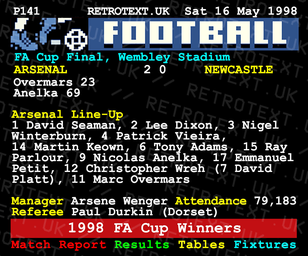 Retrotext Arsenal 1998 FA Cup winners ceramic mug featuring a vintage teletext style match report and team line-up