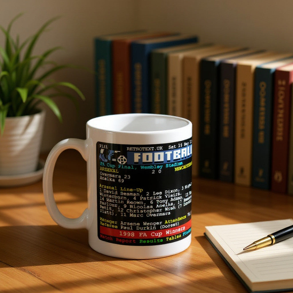 Retrotext Arsenal 1998 FA Cup winners ceramic mug featuring teletext style match stats on a wooden desk