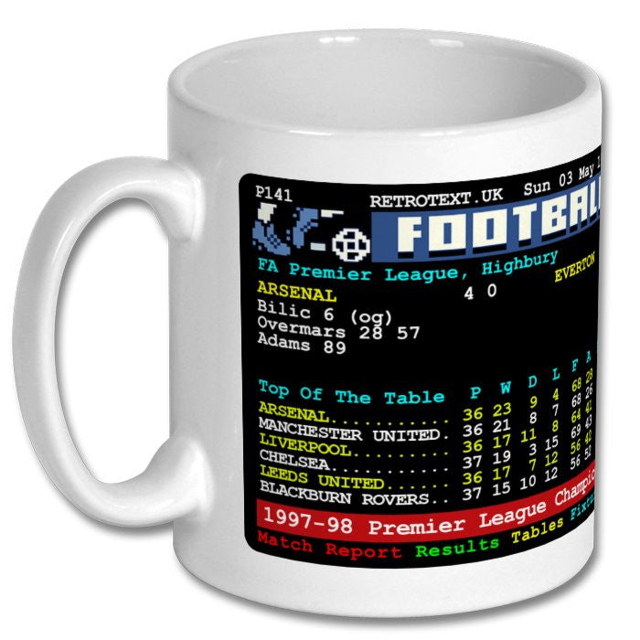 Retrotext Arsenal 1998 Premier League Champions ceramic mug featuring a vintage teletext match report design.