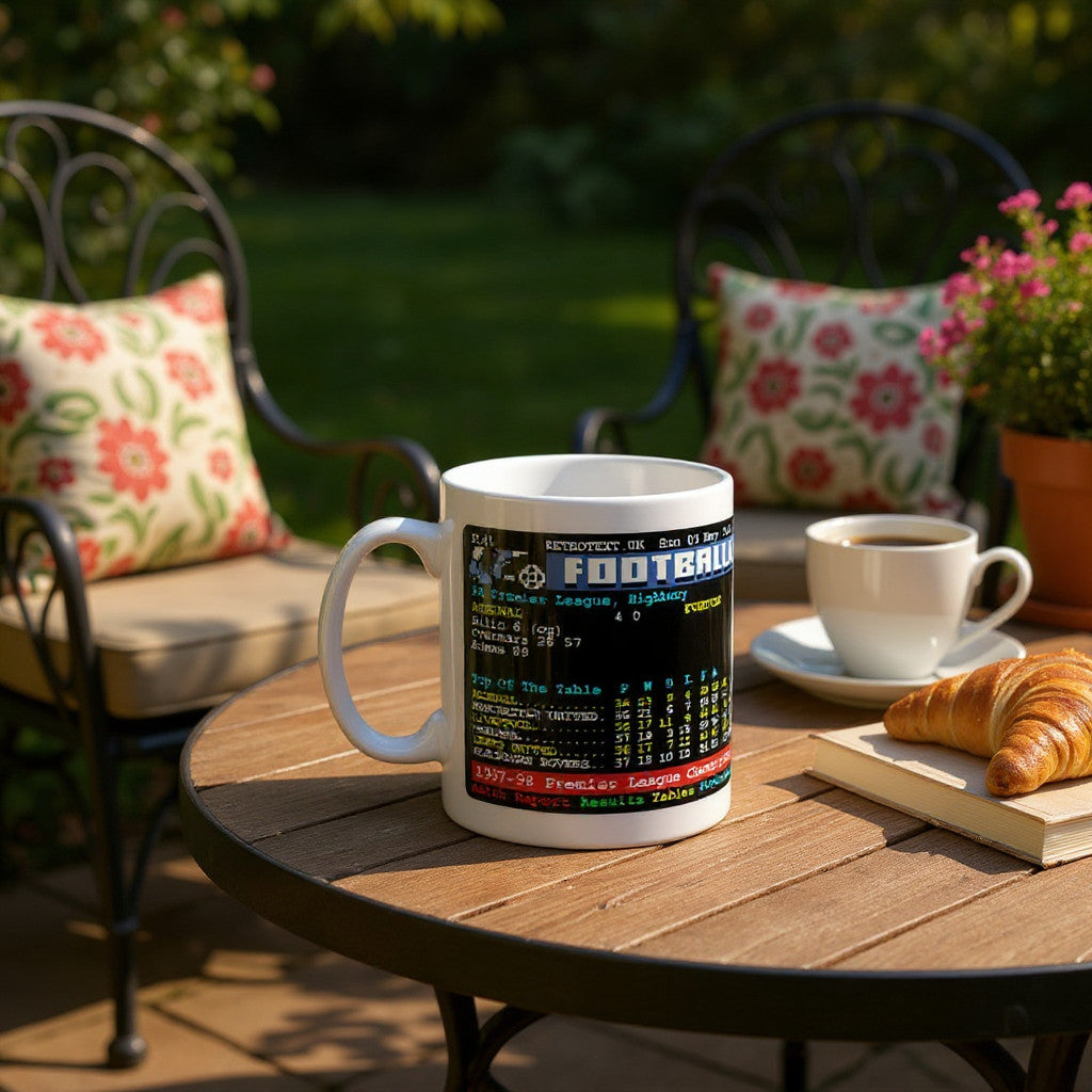 Retrotext Arsenal 1998 Premier League Champions Teletext mug featuring match stats on a glossy white ceramic surface.