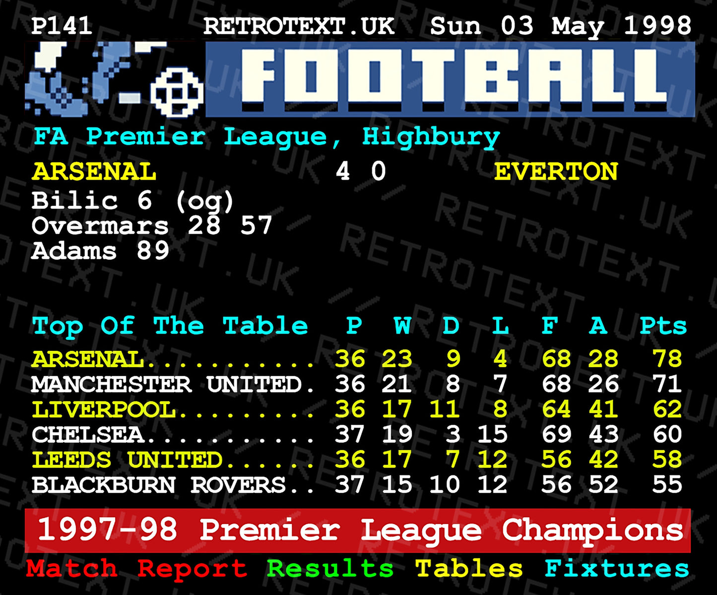 Retrotext Arsenal 1998 Premier League Champions teletext design mug featuring the 4-0 victory scoreline against Everton.
