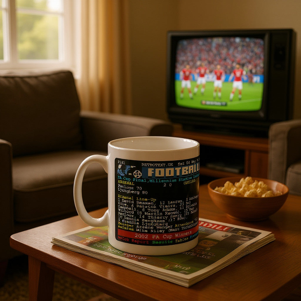 Retrotext Arsenal 2002 FA Cup Winners ceramic mug featuring teletext match details on a wooden table in a living room.