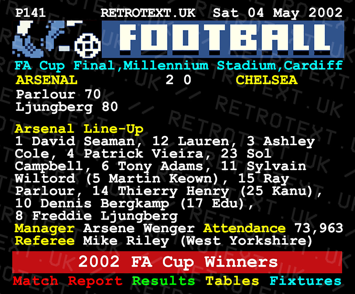Retrotext Arsenal 2002 FA Cup Winners teletext ceramic mug featuring match stats and starting line-up details