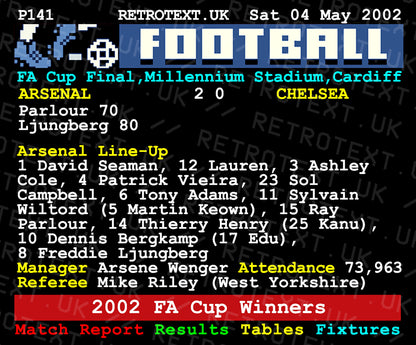 Retrotext Arsenal 2002 FA Cup Winners teletext ceramic mug featuring match stats and starting line-up details