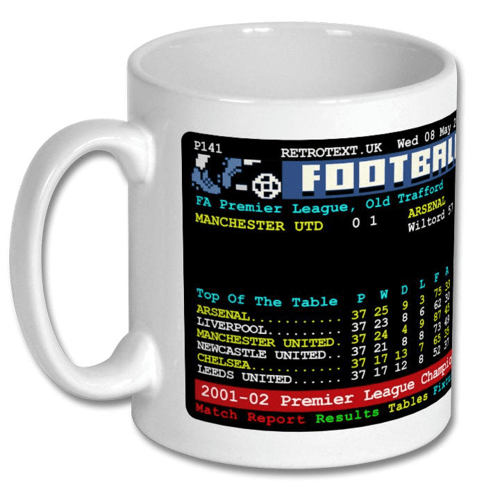 Retrotext Arsenal 2002 Premier League Champions Teletext mug featuring a vintage football league table design.
