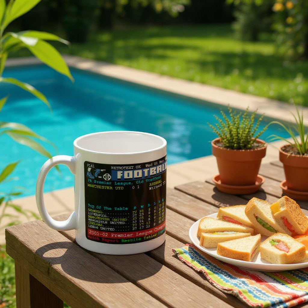 Retrotext Arsenal 2002 Premier League Champions Teletext mug featuring football league table on a garden table