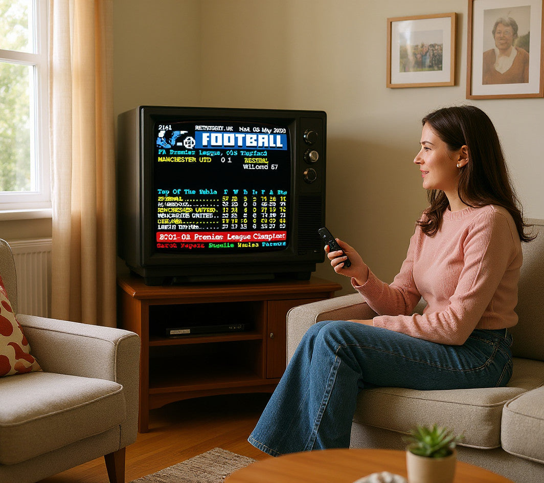 Retrotext Arsenal 2002 Premier League Champions Teletext mug featuring a classic football score display on a desk