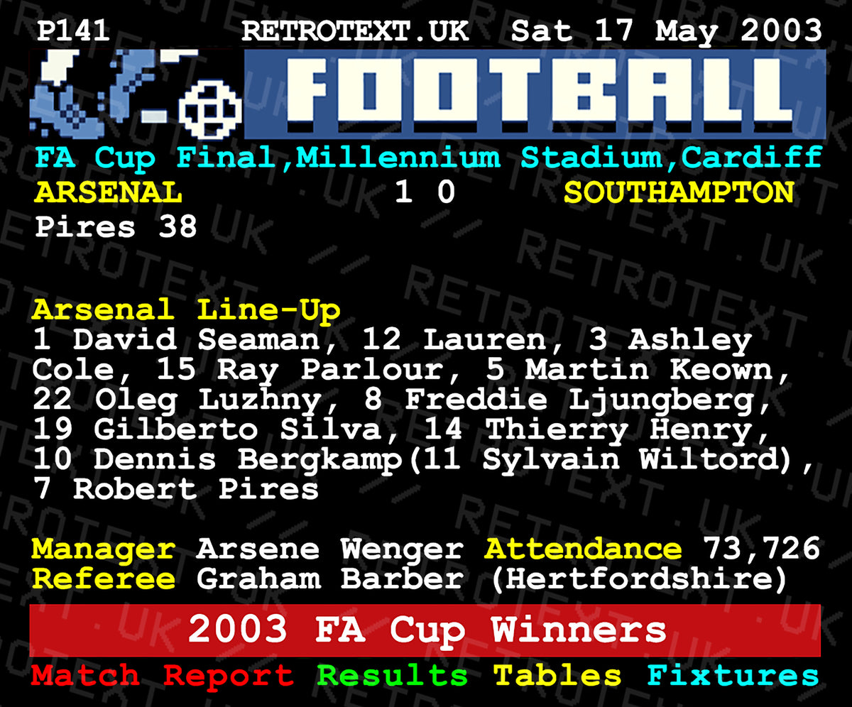 Retrotext Arsenal 2003 FA Cup Winners mug featuring a vintage Teletext style match report for David Seaman
