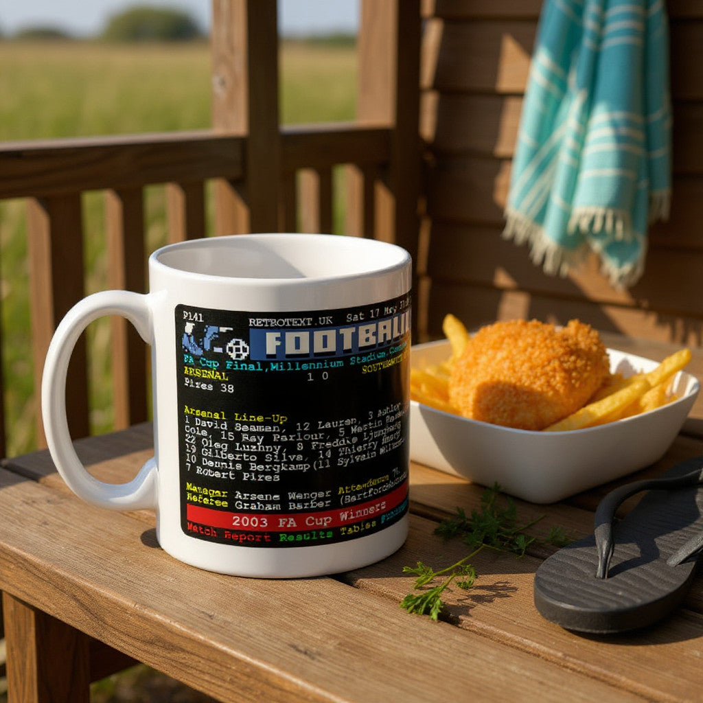 Retrotext Arsenal 2003 FA Cup Winners mug featuring a vintage teletext design on a glossy white 11oz ceramic surface.