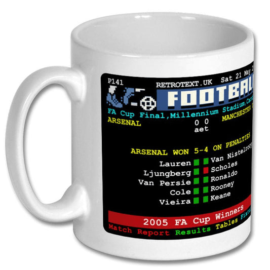 Retrotext Arsenal 2005 FA Cup winners ceramic mug featuring a nostalgic teletext score graphic of the penalty shootout.