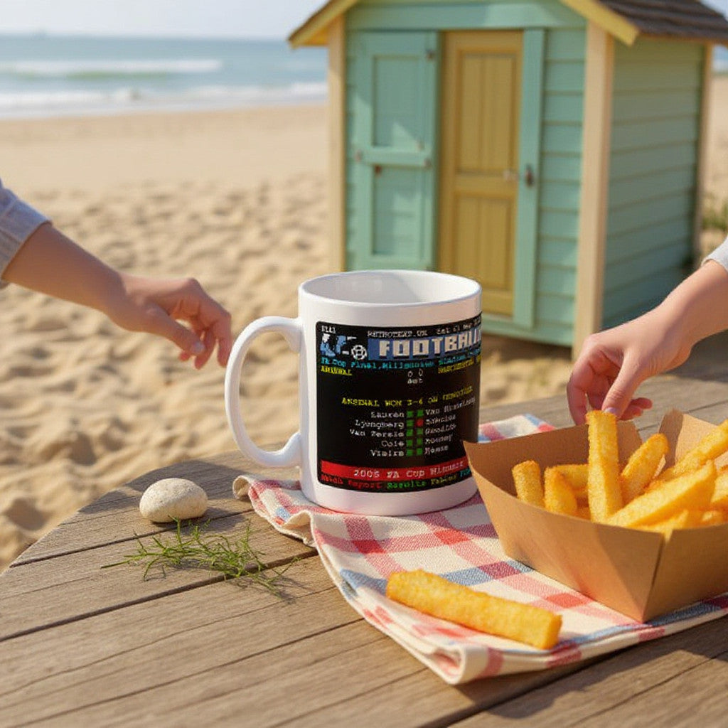 Retrotext Arsenal 2005 FA Cup Winners ceramic mug with teletext graphic on a beach table with chips