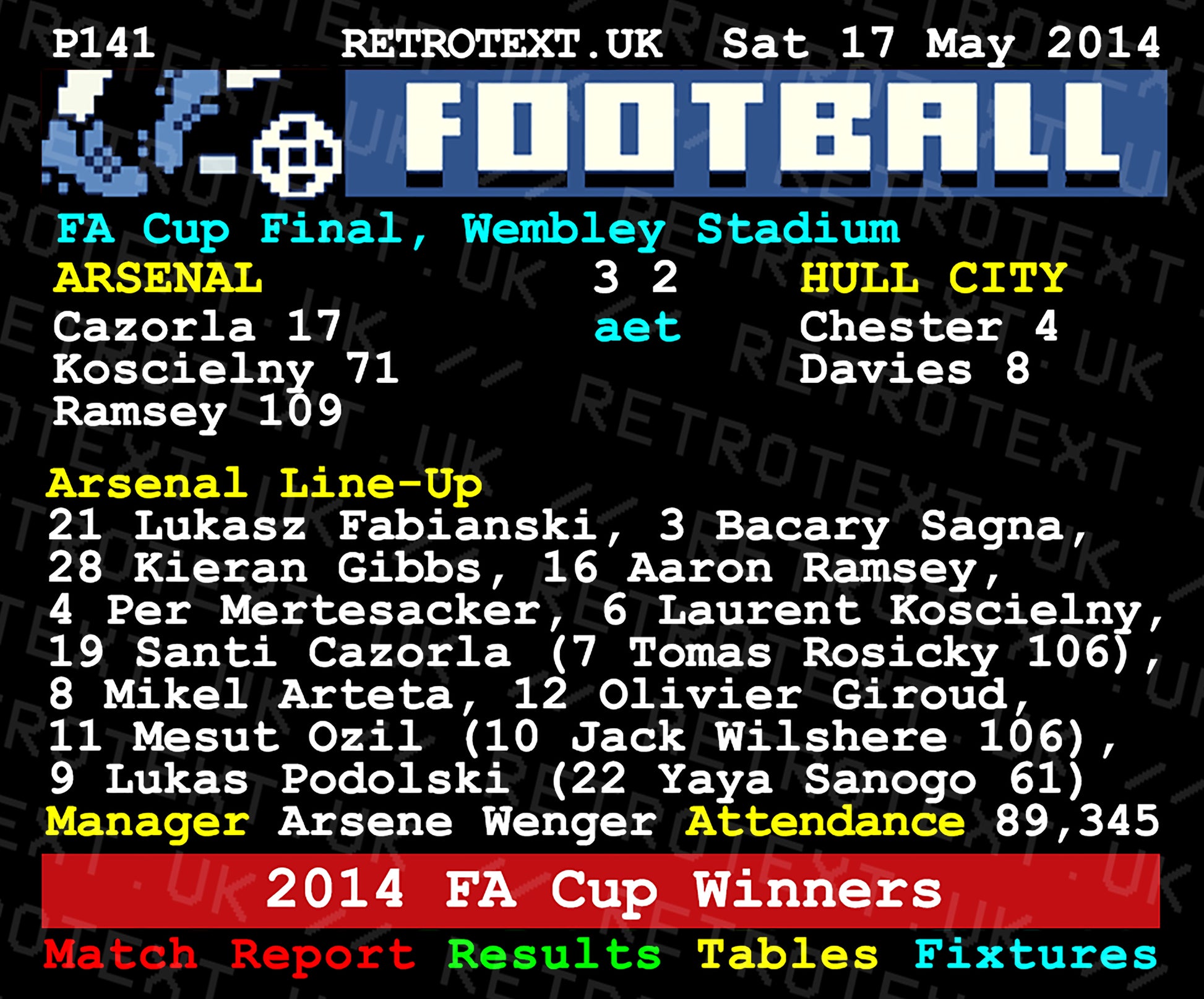 Retrotext Arsenal 2014 FA Cup Winners ceramic mug featuring a retro teletext graphic of the 3-2 victory over Hull City