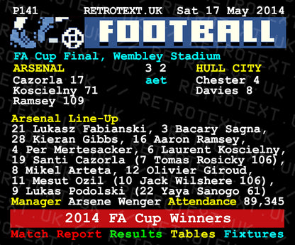 Retrotext Arsenal 2014 FA Cup Winners ceramic mug featuring a retro teletext graphic of the 3-2 victory over Hull City
