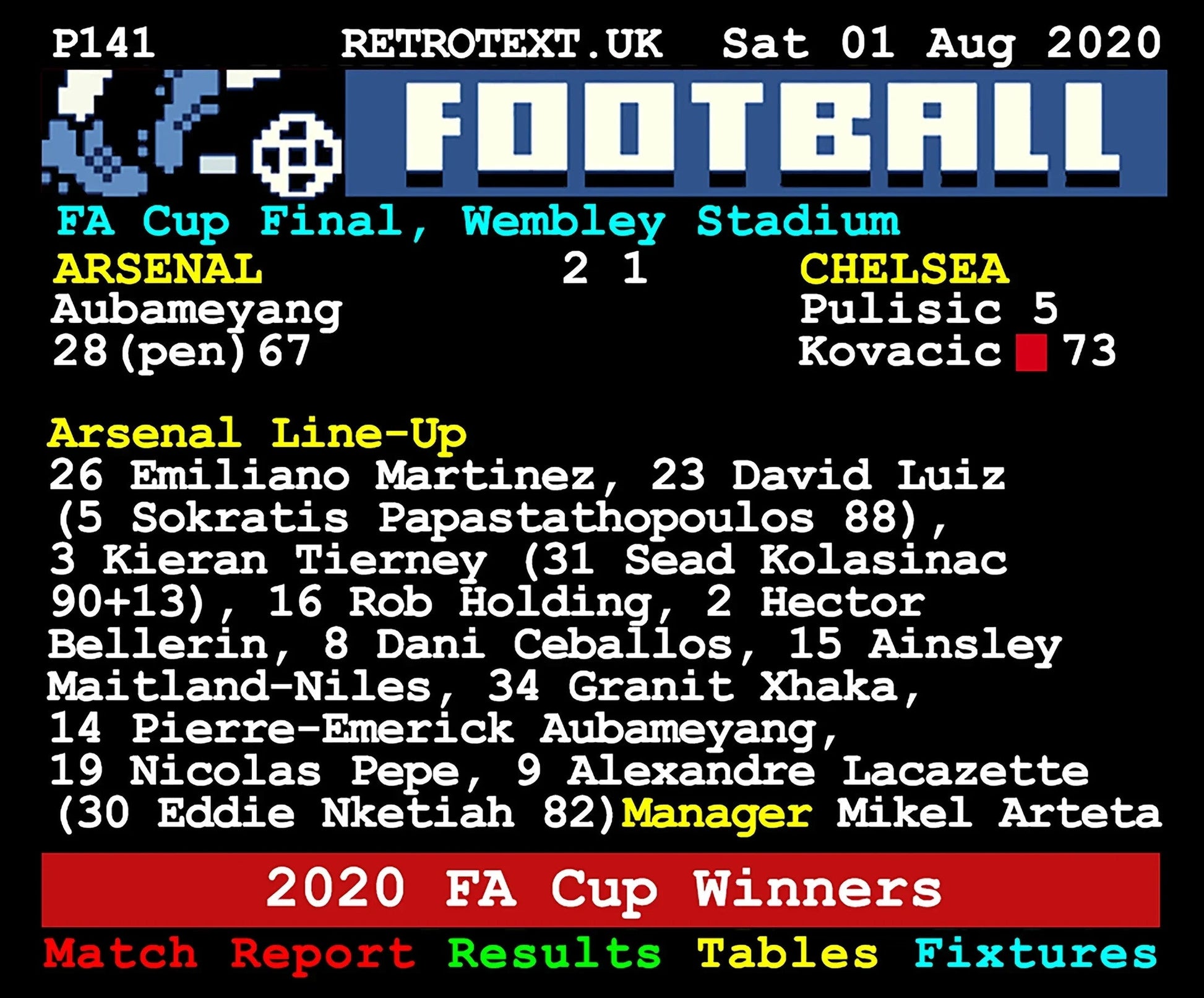 Retrotext Arsenal 2020 FA Cup Final ceramic mug with teletext-style match report, scoreline, and team line-up graphic.