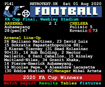 Retrotext Arsenal 2020 FA Cup Final ceramic mug with teletext-style match report, scoreline, and team line-up graphic.