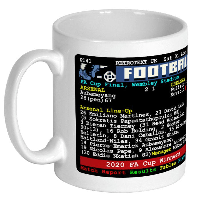 Retrotext Arsenal 2020 FA Cup Final ceramic coffee mug featuring a retro teletext graphic of the match line-up.