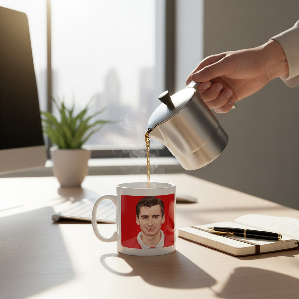 Retrotext Arsenal 1994 Alan Smith ceramic mug being filled with coffee on a desk with a notebook and pen