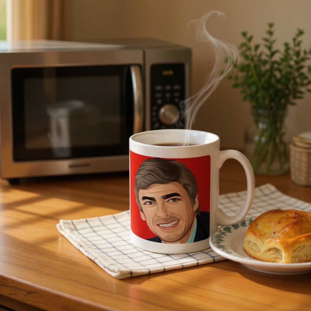 Retrotext Arsenal 2002 Premier League Champions mug featuring an illustration of Arsene Wenger on a glossy white cup.