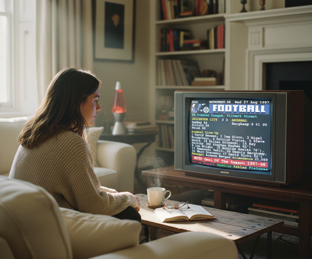 Retrotext Arsenal 1997 Dennis Bergkamp teletext mug on a coffee table next to a woman watching a vintage television