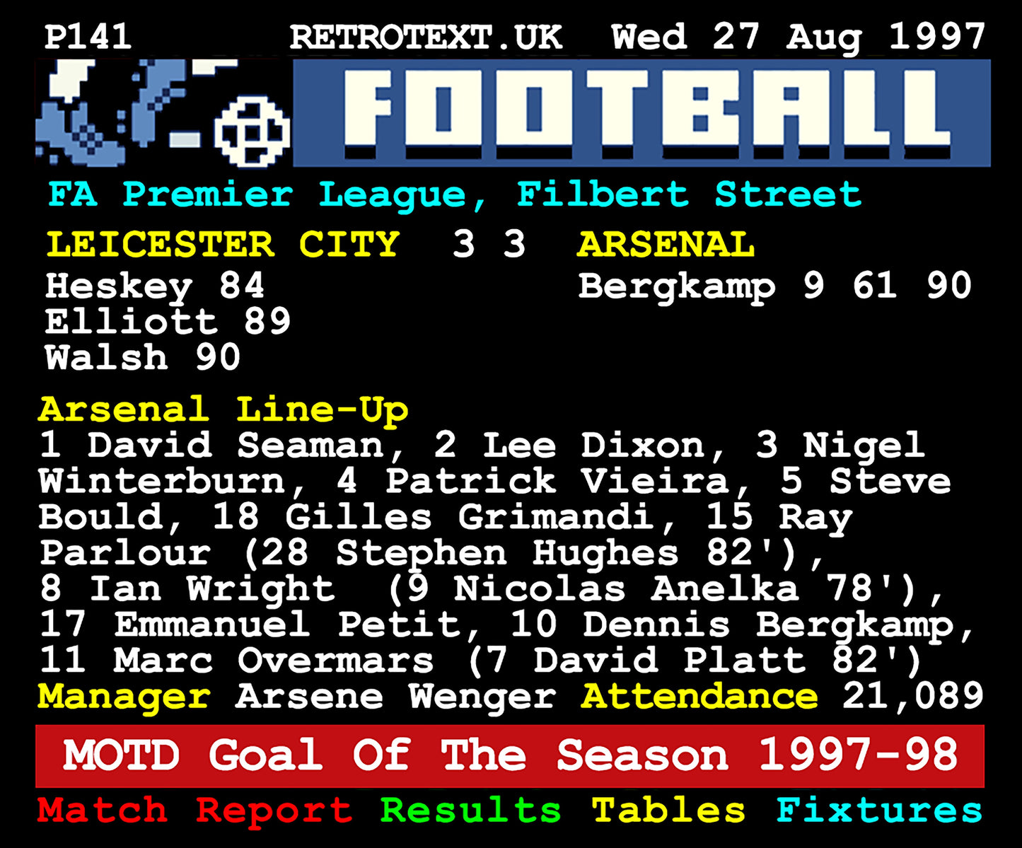 Retrotext Arsenal 1997 Dennis Bergkamp Goal Of The Season Teletext design on a glossy white 11oz ceramic mug