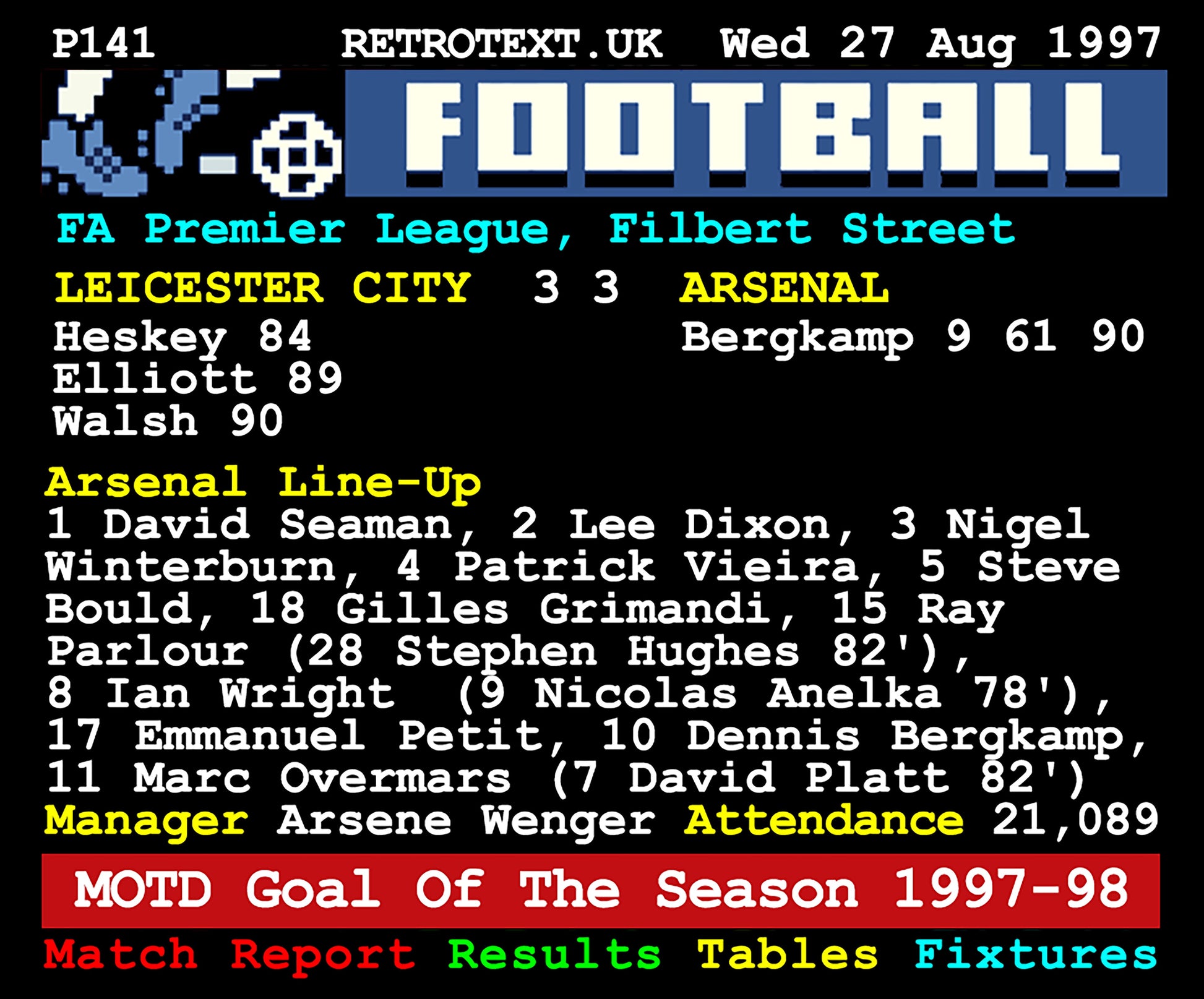 Retrotext Arsenal 1997 Dennis Bergkamp Goal Of The Season Teletext design on a glossy white 11oz ceramic mug