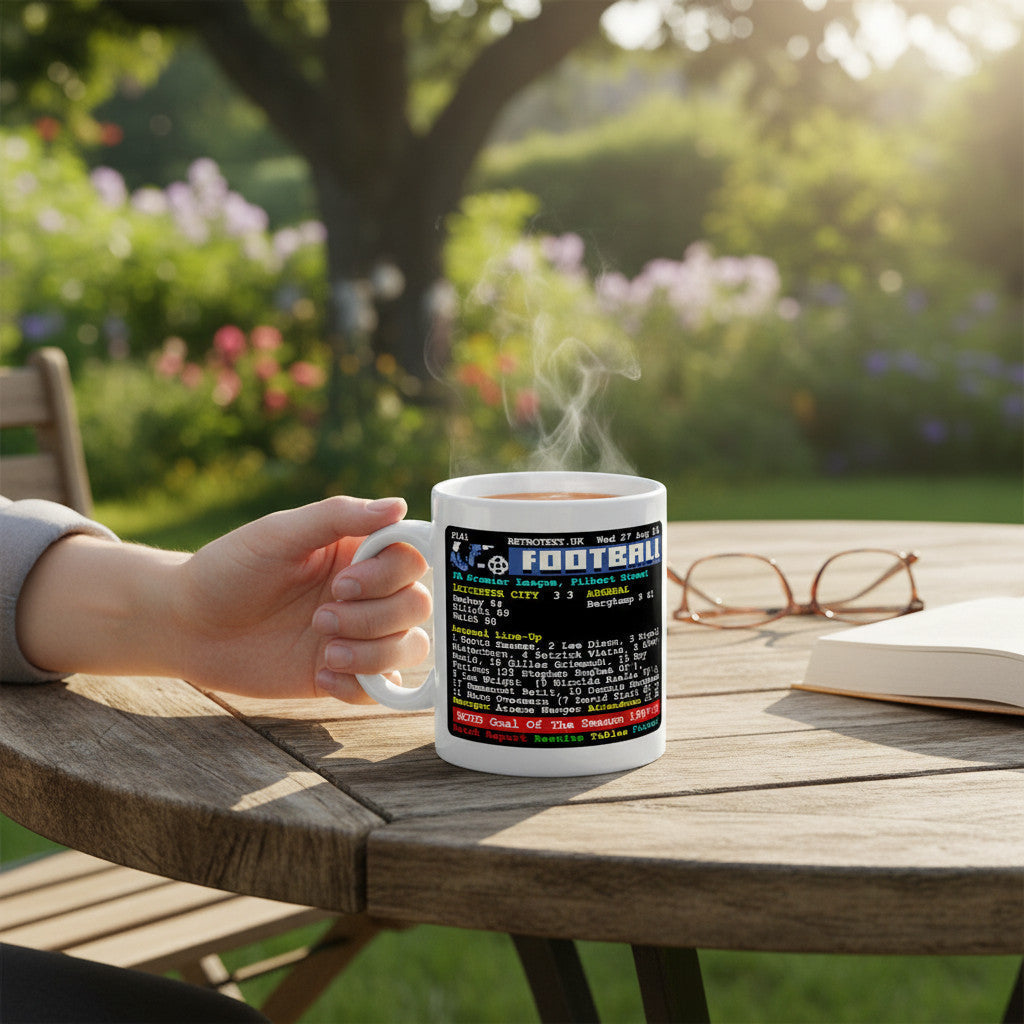 Retrotext 11oz white glossy mug featuring a 1997 Arsenal Dennis Bergkamp Teletext goal graphic held on a garden table