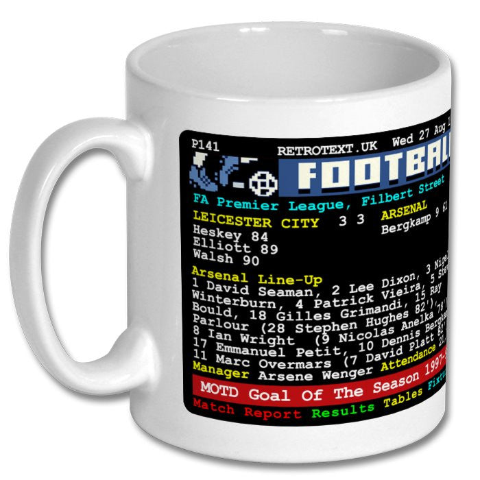 Retrotext white 11oz ceramic mug featuring a vintage Teletext screen design of the 1997 Arsenal vs Leicester match.