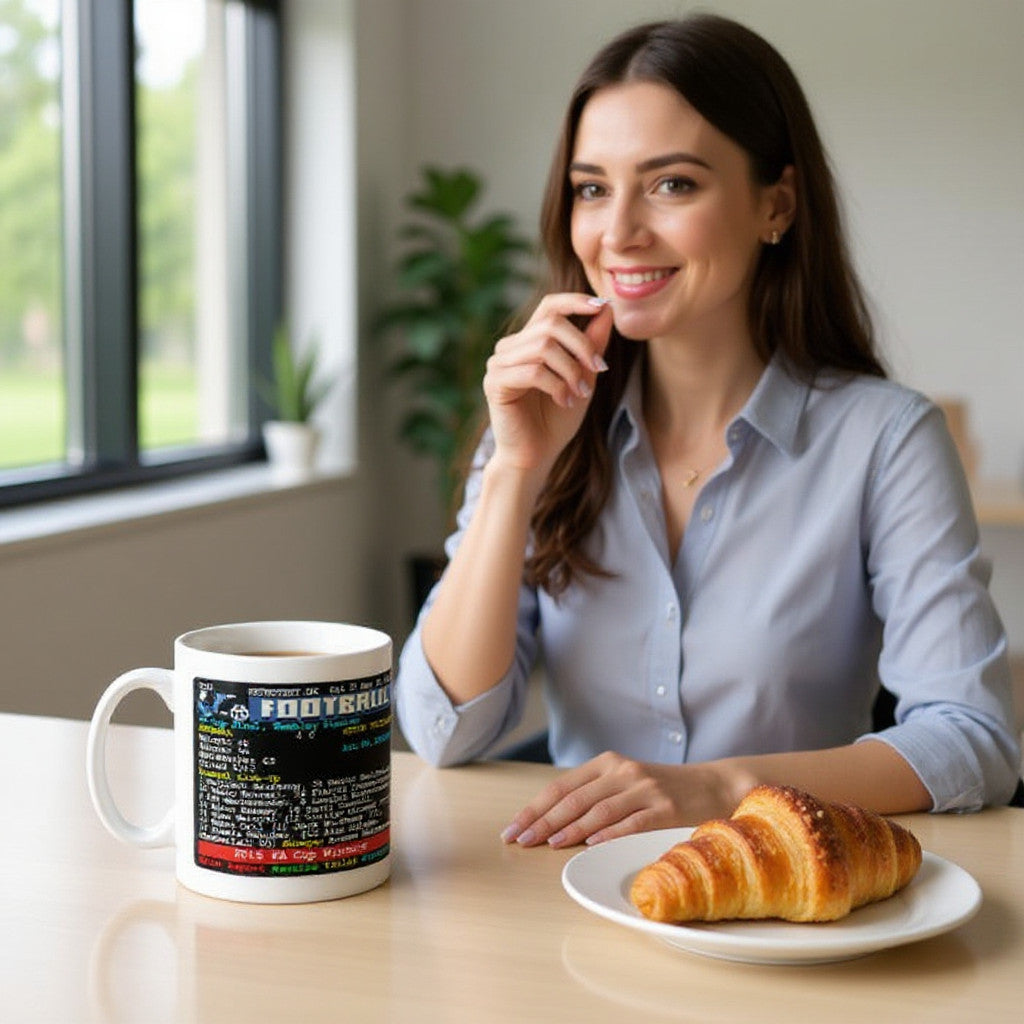 Retrotext Arsenal 2015 FA Cup Winners mug with teletext match report graphic on a table next to a croissant