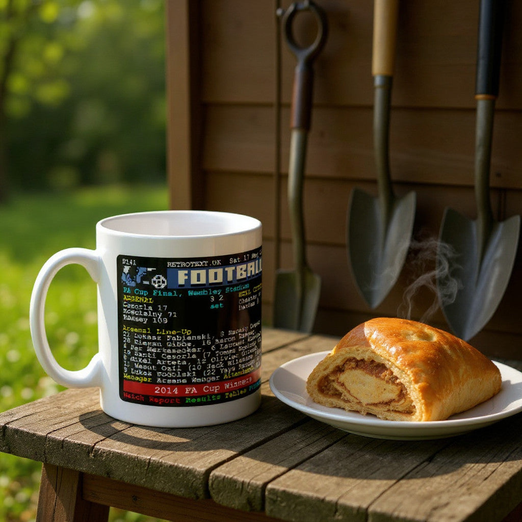 Retrotext Arsenal 2014 FA Cup winners ceramic mug with teletext match details on a wooden table next to a pastry