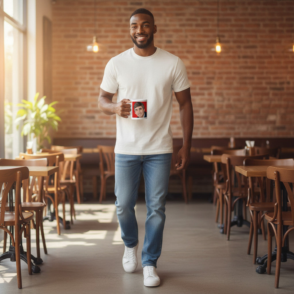A man in a white t-shirt and jeans holds a Retrotext Arsenal 2015 FA Cup Winners ceramic mug in a cafe.