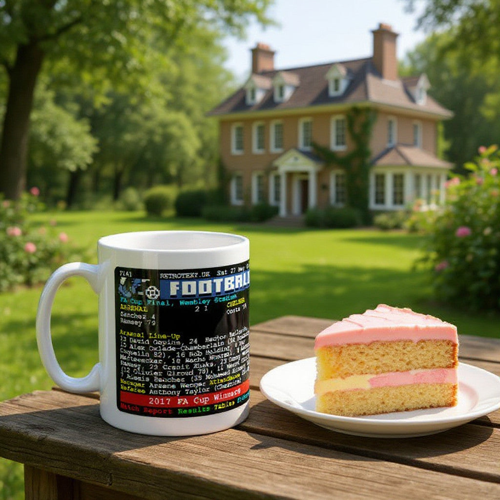 Retrotext Arsenal 2017 FA Cup winners teletext mug with match stats on a wooden table next to a slice of pink cake.