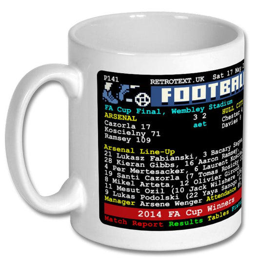 Retrotext Arsenal 2014 FA Cup Winners ceramic mug featuring a retro teletext graphic of the match score and line-up.
