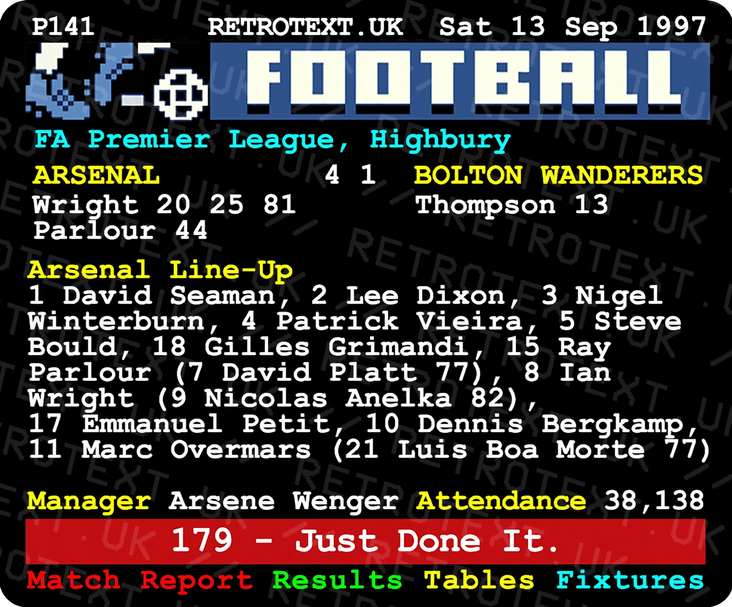 Retrotext Arsenal 1997 Ian Wright 179 Just Done It teletext mug featuring a vintage football match report design