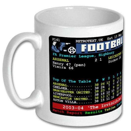 Retrotext Arsenal 2004 The Invincibles ceramic mug featuring a nostalgic teletext football league table design