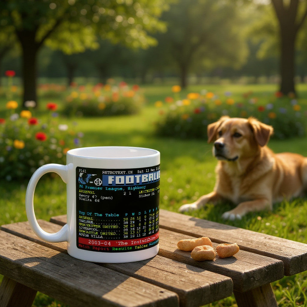 Retrotext Arsenal Invincibles 2004 teletext ceramic mug on a wooden table in a park with a dog in the background