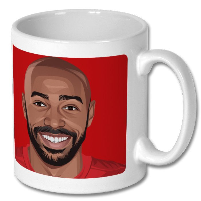 Retrotext Arsenal Invincibles ceramic mug featuring a vibrant illustration of Thierry Henry on a red background