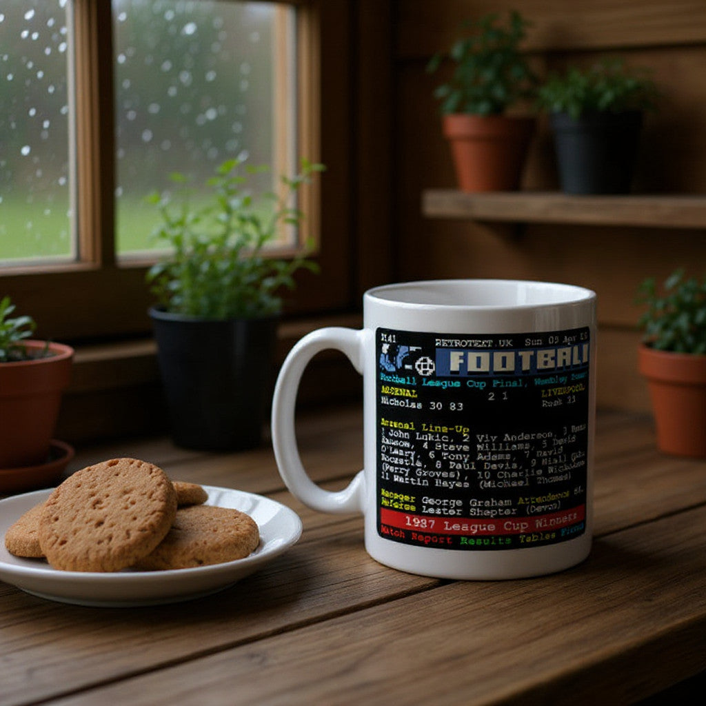 Retrotext Arsenal 1987 League Cup winners teletext design mug on a wooden table with cookies and plants in the background