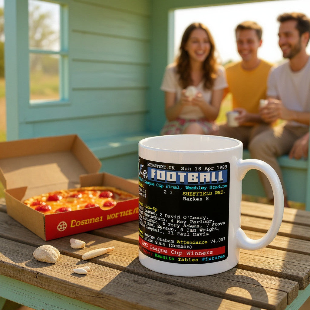 Retrotext Arsenal 1987 and 1993 League Cup Winners teletext design white ceramic mug on a wooden table with pizza