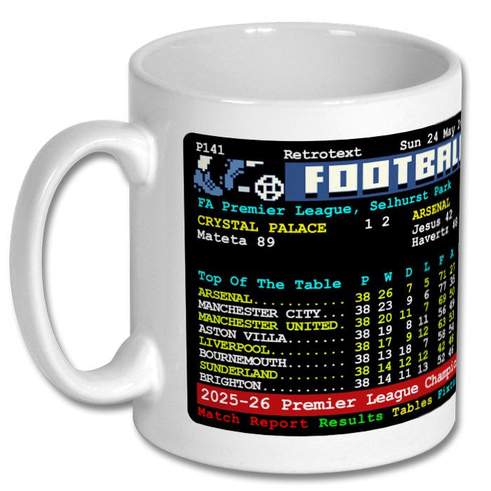Retrotext Arsenal 2026 Premier League Champions white ceramic mug featuring a vintage teletext football table design.