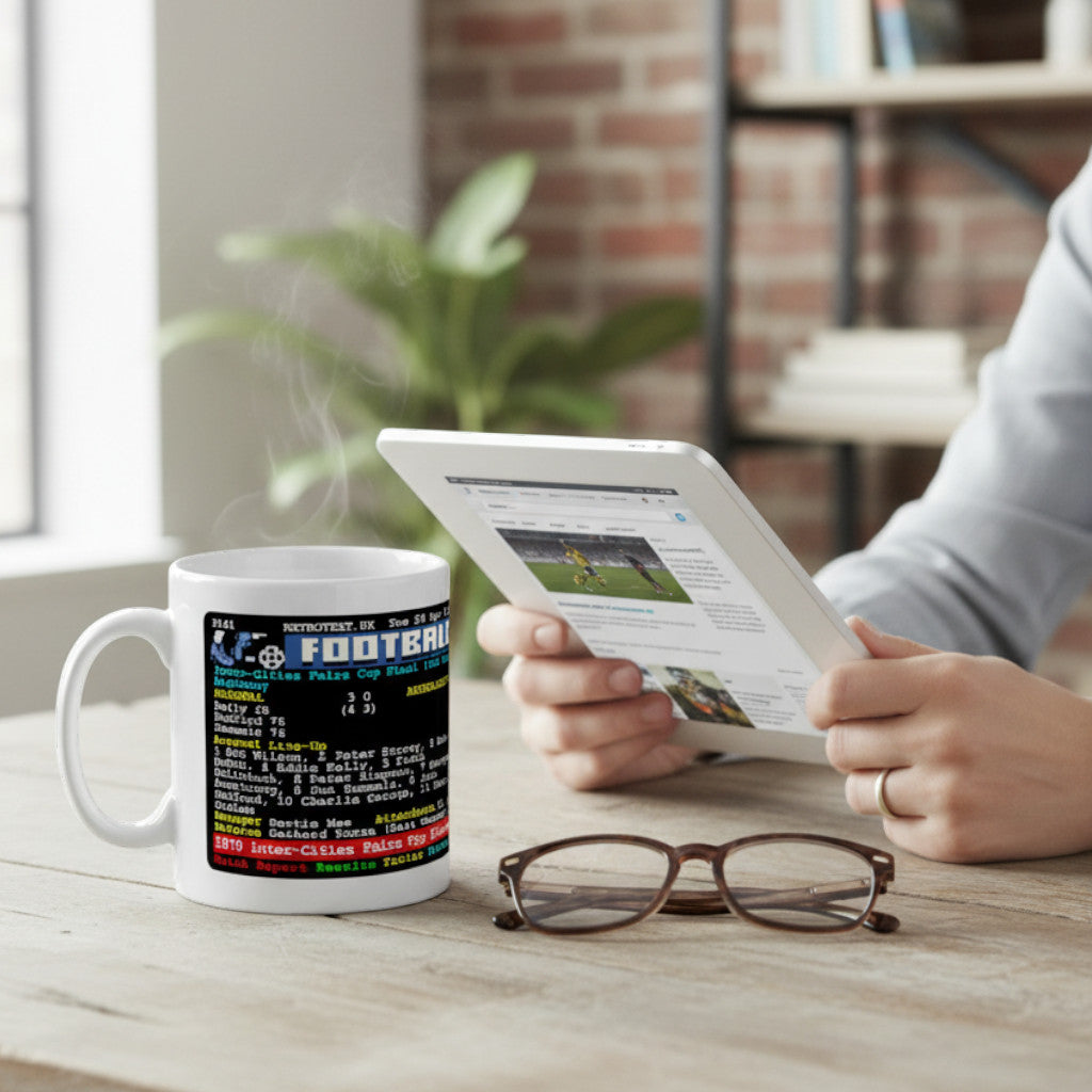 Retrotext Arsenal 1970 and 1994 European glory teletext ceramic mug on a desk next to a tablet and glasses