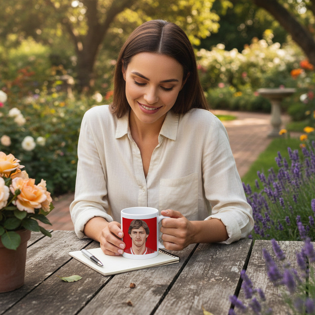 A woman holding a Retrotext Arsenal Tony Adams 1998 Premier League ceramic mug while sitting at a garden table.
