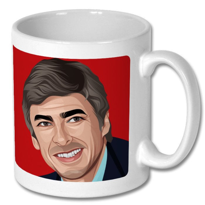 Retrotext Arsenal 1998 Premier League Champions mug featuring a graphic illustration of Arsene Wenger on a red background