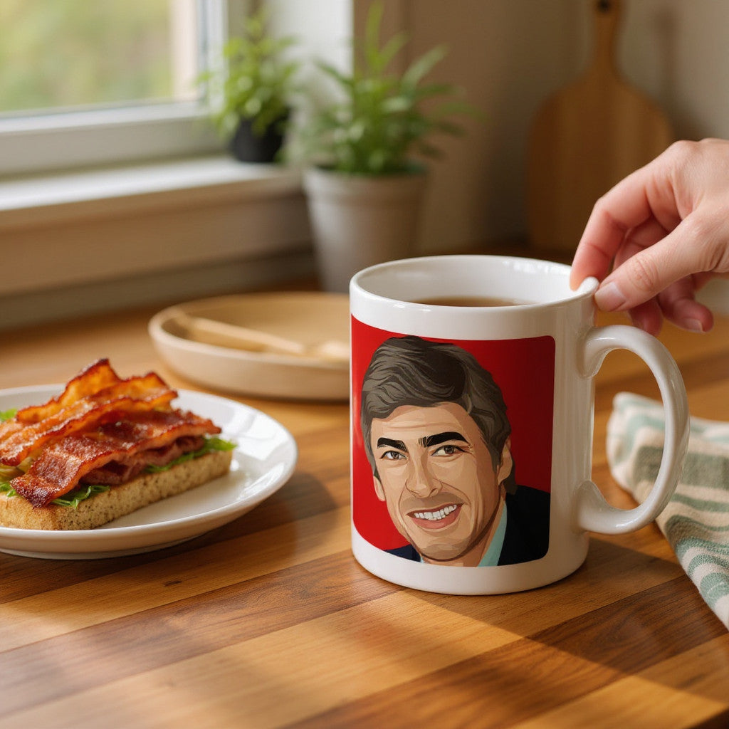 Retrotext Arsenal 2002 FA Cup winners mug featuring a portrait of Arsene Wenger on a wooden table with breakfast
