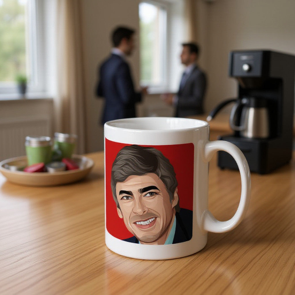 Retrotext Arsenal 2005 FA Cup ceramic mug featuring a portrait of Arsene Wenger on a red background on a wooden table