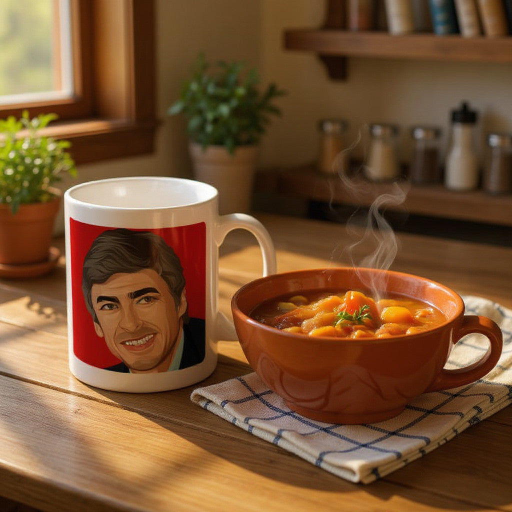 Retrotext Arsenal 2017 FA Cup Winners Arsene Wenger glossy white ceramic mug on a wooden table next to a bowl of soup