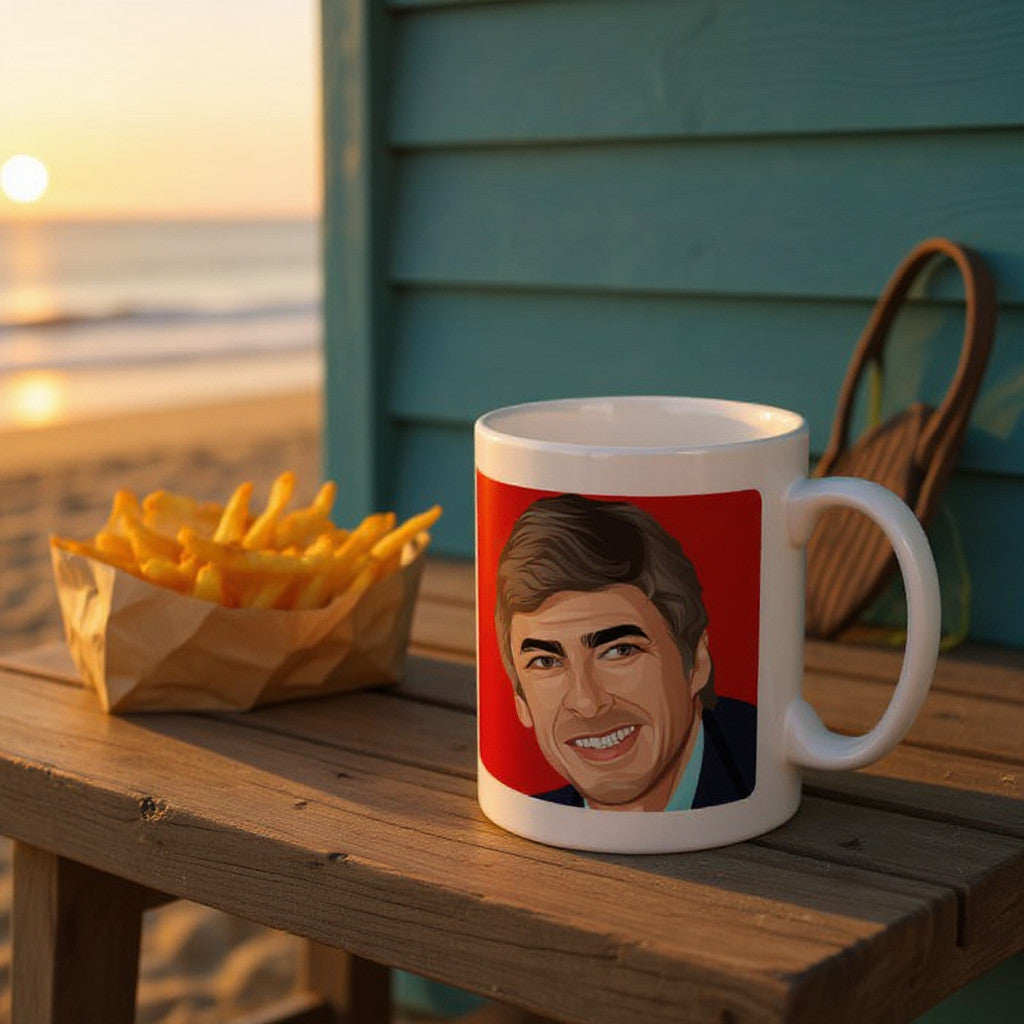 Retrotext Arsenal 1998 FA Cup Winners mug featuring a stylized portrait of Arsene Wenger on a beachside table.